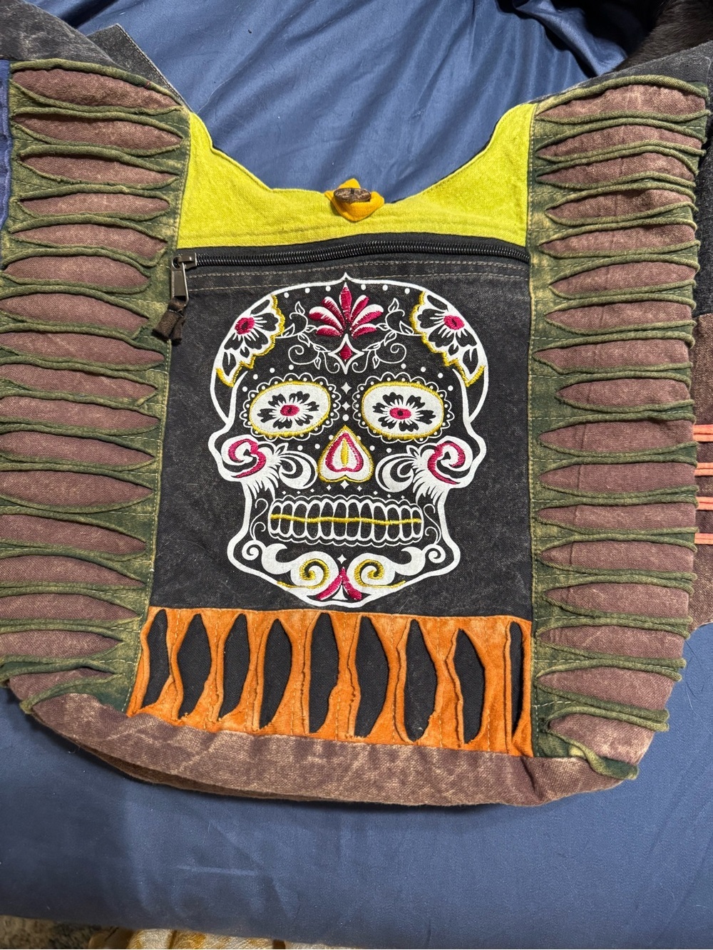 Embroidered Sugar Skull Boho Crossbody Bag - Multicolor Hippie Festival